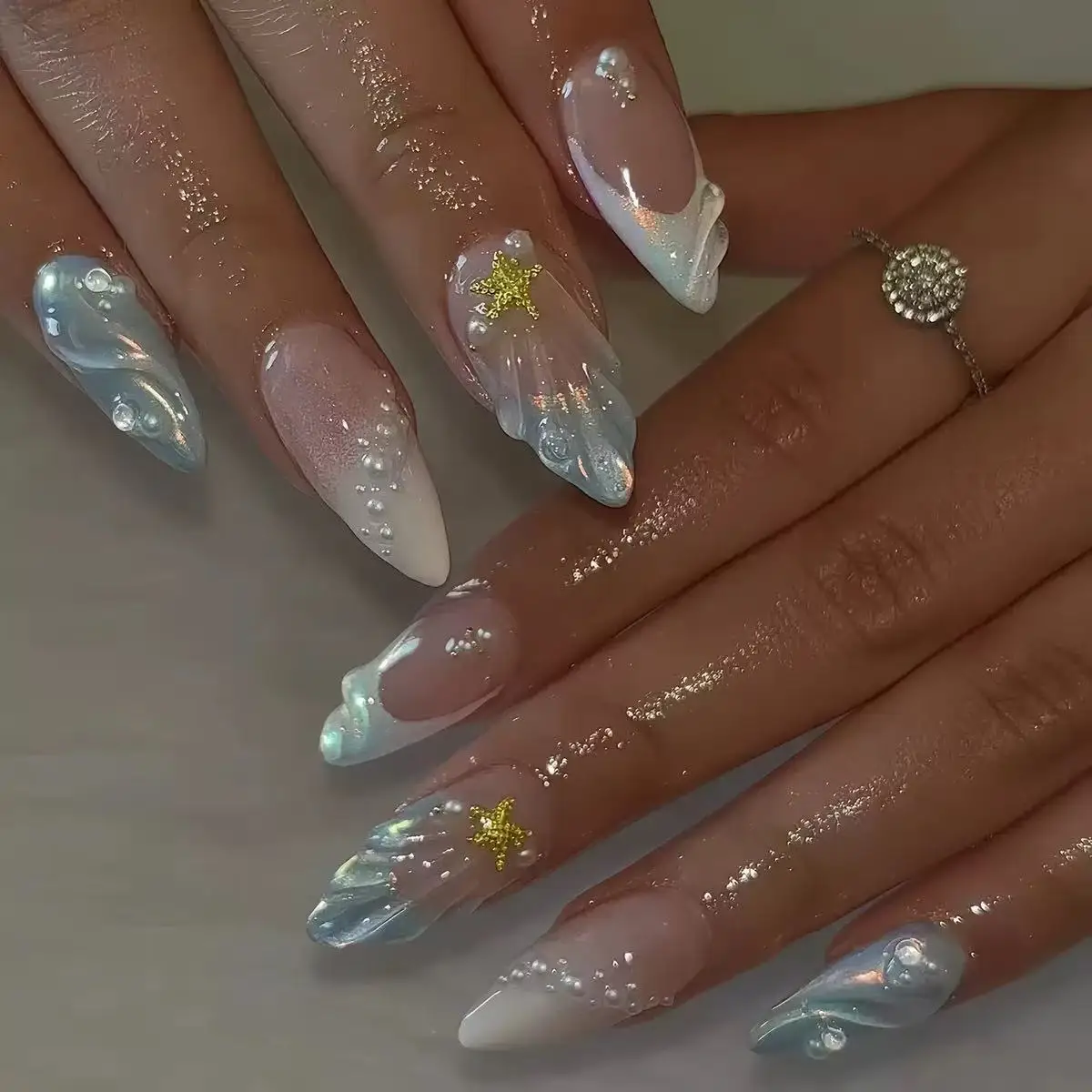 Nail Art Oval - Korte Ovale 3D Parelmoer Franse Kunstnagels